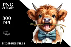 Enthusiastic Baby Highland Cow with Bow and Tie, Transparent Product Image 2