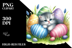 Cat in Grass with Easter Eggs Watercolor PNG Product Image 2