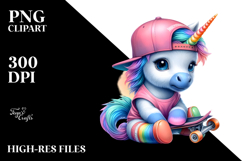 Baby Unicorn in Skateboarder&#039;s Gear, Watercolor PNG Product Image 2