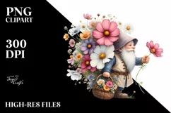 detailed Gnome with Cosmos Bouquet | Clipart Product Image 1