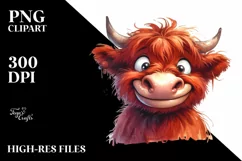 Simple Funny Expressive Highland Cow Watercolor PNG Product Image 1