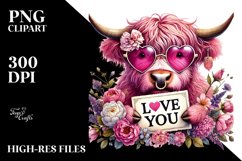 Pink Highland Cow with Love You Sign, PNG Product Image 2