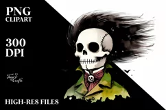 Washed Watercolor Style Halloween Skull with Hair, Pinocchio Product Image 1