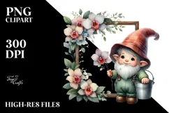 Baby Gnome with Orchid Floral Frame, PNG Product Image 2