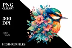 Retro Watercolor Vibrant Bird Half Flowers Clipart Product Image 1