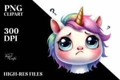 Simple Funny Baby Face Expressive Unicorn Watercolor PNG Product Image 3