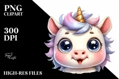 Simple Funny Baby Face Expressive Unicorn Watercolor PNG Product Image 3