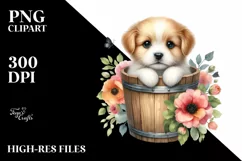 Cute Dog in Wood Bucket PNG Product Image 3