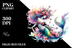 Vibrant Mermaid Dancing with Floral Wreath, Watercolor PNG Product Image 2