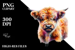 Colorful Highland Cow with Abstract Background PNG Product Image 2