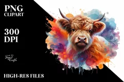 Colorful Highland Cow with Abstract Background PNG Product Image 1