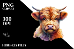 Colorful Highland Cow with Abstract Background PNG Product Image 2