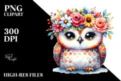 Cute Owl Flower Crown Watercolor | Clipart Product Image 2