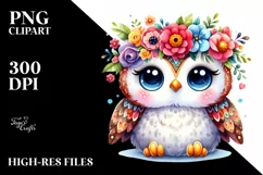 Cute Owl Flower Crown Watercolor | Clipart Product Image 1