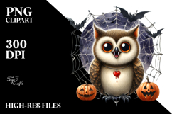 Funny Watercolor Owl with Halloween Fangs Clipart Product Image 2