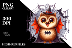 Funny Watercolor Owl with Halloween Fangs Clipart Product Image 2