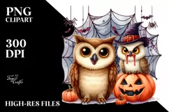 Funny Watercolor Owl with Halloween Fangs Clipart Product Image 1