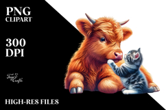 Playful Baby Highland Cow with Kitten PNG Product Image 2