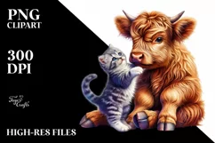 Colorful Highland Cow with Kitten PNG Product Image 3