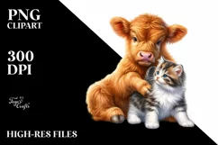 Colorful Highland Cow with Kitten PNG Product Image 1