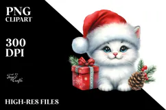 Watercolor Cat with Santa Hat, PNG Product Image 2