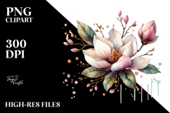 Magnolia with Golden Insertions, Watercolor Splash PNG Product Image 2