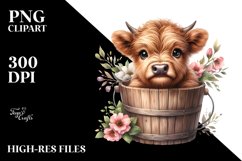 Cute Baby Highland Cow Wood Bucket Flowers PNG Product Image 3