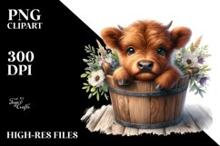 Cute Baby Highland Cow Wood Bucket Flowers PNG Product Image 3