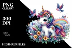 Artistic Baby Unicorn with Birds PNG Product Image 3