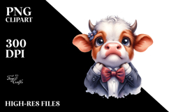 Baby Cow with Bow and Tie, Watercolor Design PNG Product Image 2
