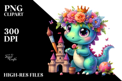 Watercolor Baby Dinosaur with Flower Crown PNG Product Image 2