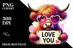Pink Highland Cow with Love You Sign, PNG Product Image 2