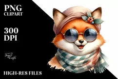 Funny Fox with Scarf Watercolor Clipart Product Image 1