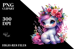 Cute Baby Unicorn with Floral Wreath PNG Product Image 2