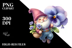 Cute Floating Gnome with Pansy, Watercolor PNG Product Image 2
