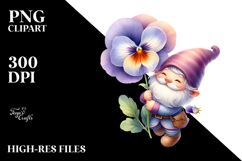 Cute Floating Gnome with Pansy, Watercolor PNG Product Image 2