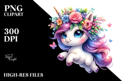 Vibrant Drawing of Unicorn with Floral Wreath PNG Product Image 2