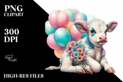 Playful Baby Cow with Balloons PNG Product Image 1