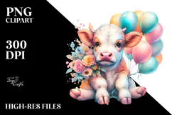 Playful Baby Cow with Balloons PNG Product Image 2