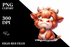 Simple Funny Expressive Highland Cow Watercolor PNG Product Image 3