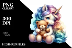 Baby Unicorn Holding Teddy Bear PNG Product Image 3