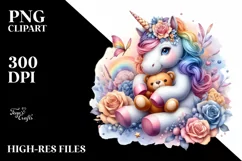 Baby Unicorn Holding Teddy Bear PNG Product Image 3