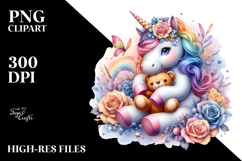 Baby Unicorn Holding Teddy Bear PNG Product Image 2