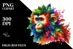 Abstract Vibrant Monkey with Plant Leaves PNG Product Image 1