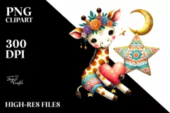 Colorful Cute Boho Giraffe Sitting on a Star PNG Product Image 2
