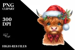 Cute Highland Cow with Santa Hat PNG Product Image 1