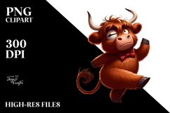 Dancing Highland Cow with Bow Tie, Playful PNG Product Image 2