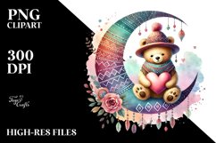 Colorful Pastel Boho Bear Sitting on a Half Moon PNG Product Image 2