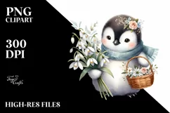 Cute Baby Penguin with Flower Basket | Sublimation | Clipart Product Image 1