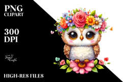 Watercolor Owl Flower Crown Clipart Product Image 2